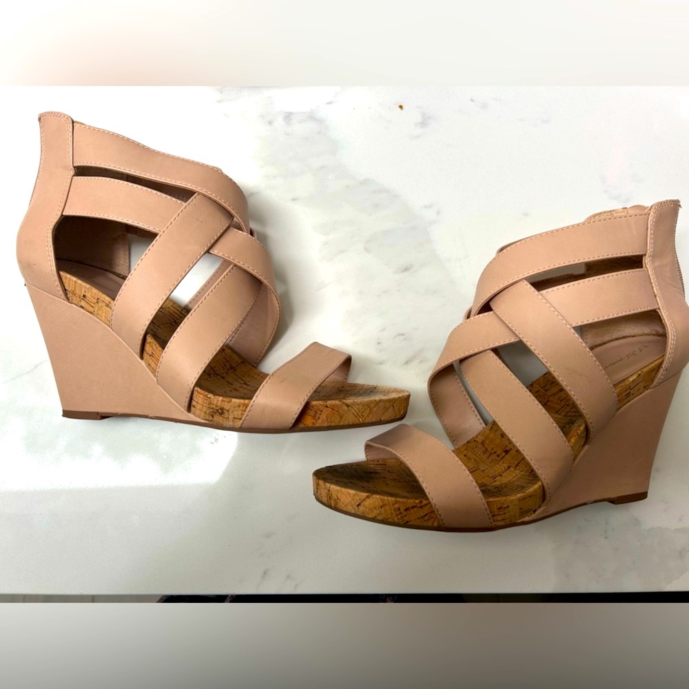 BCBGeneration Tan Wedges with Crisscross Straps